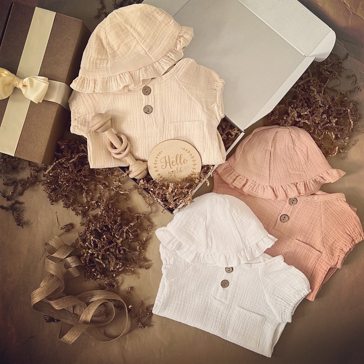 Neutral Colours Summer Baby Girl Romper and Hat Baby Shower Gift Box