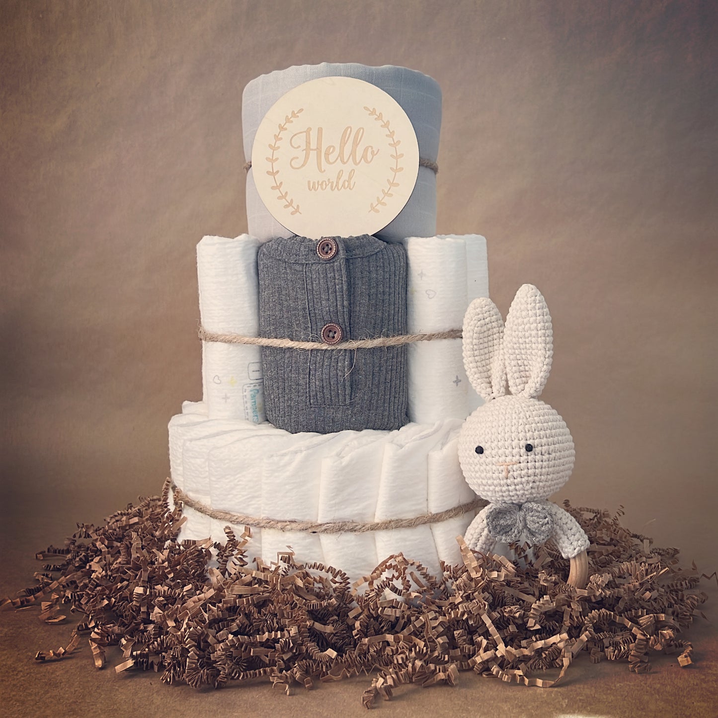 Neutral Grey Baby Shower Diaper Cake Gift
