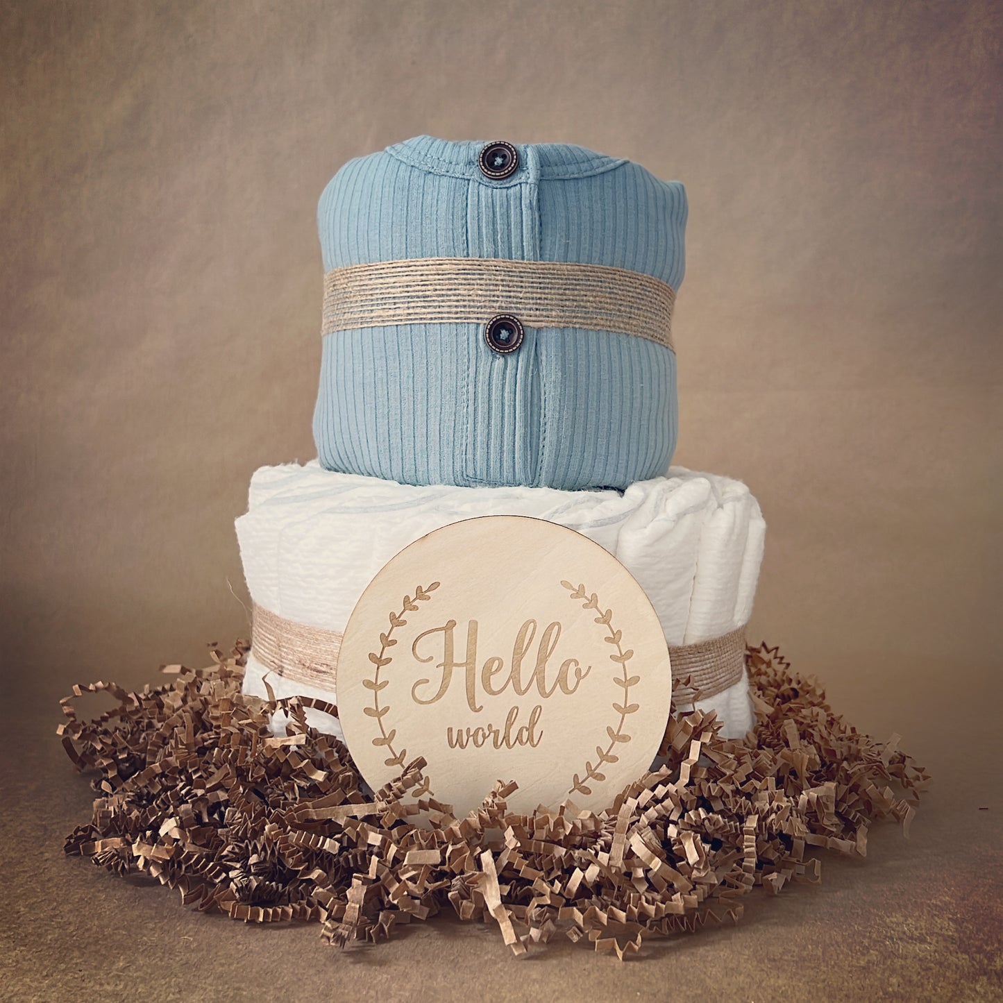 Blue Long Sleeve Soft Organic Cotton Baby Romper Two Tier Diaper Cake Gift