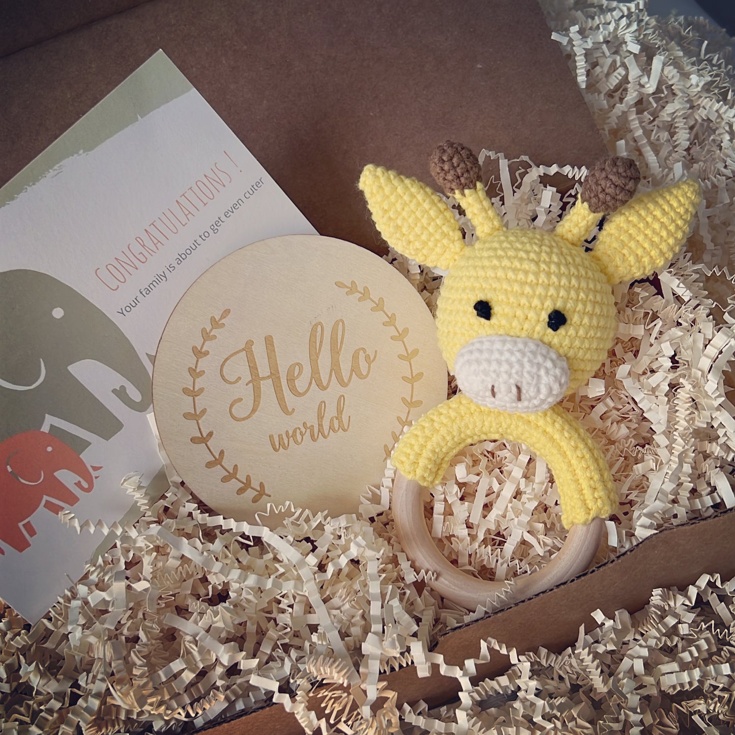 Yellow Giraffe Crochet Rattle Baby Shower Diaper Cake Bundle