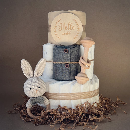 Pearl White Crochet Bunny Rattle Baby Shower Diaper Cake Bundle