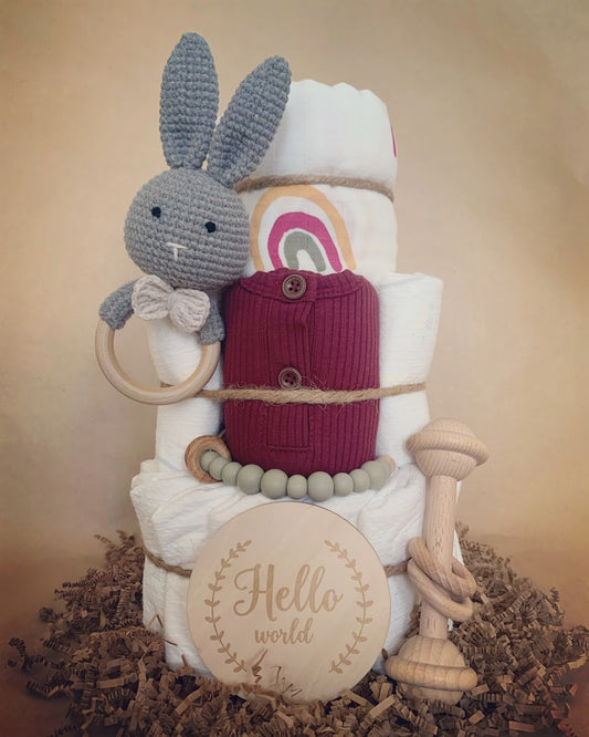 Adorable Maroon Romper and Grey Bunny Diaper Cake Gift for the Perfect Baby Shower