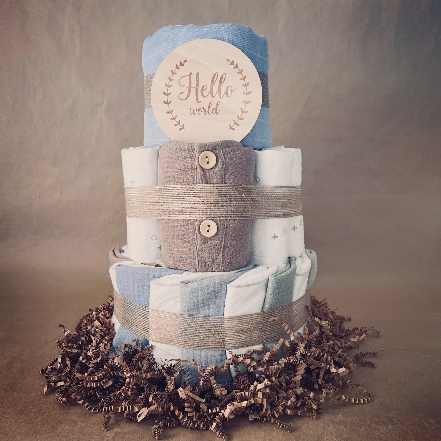 Taupe and Blue Baby Diaper Cake Bundle