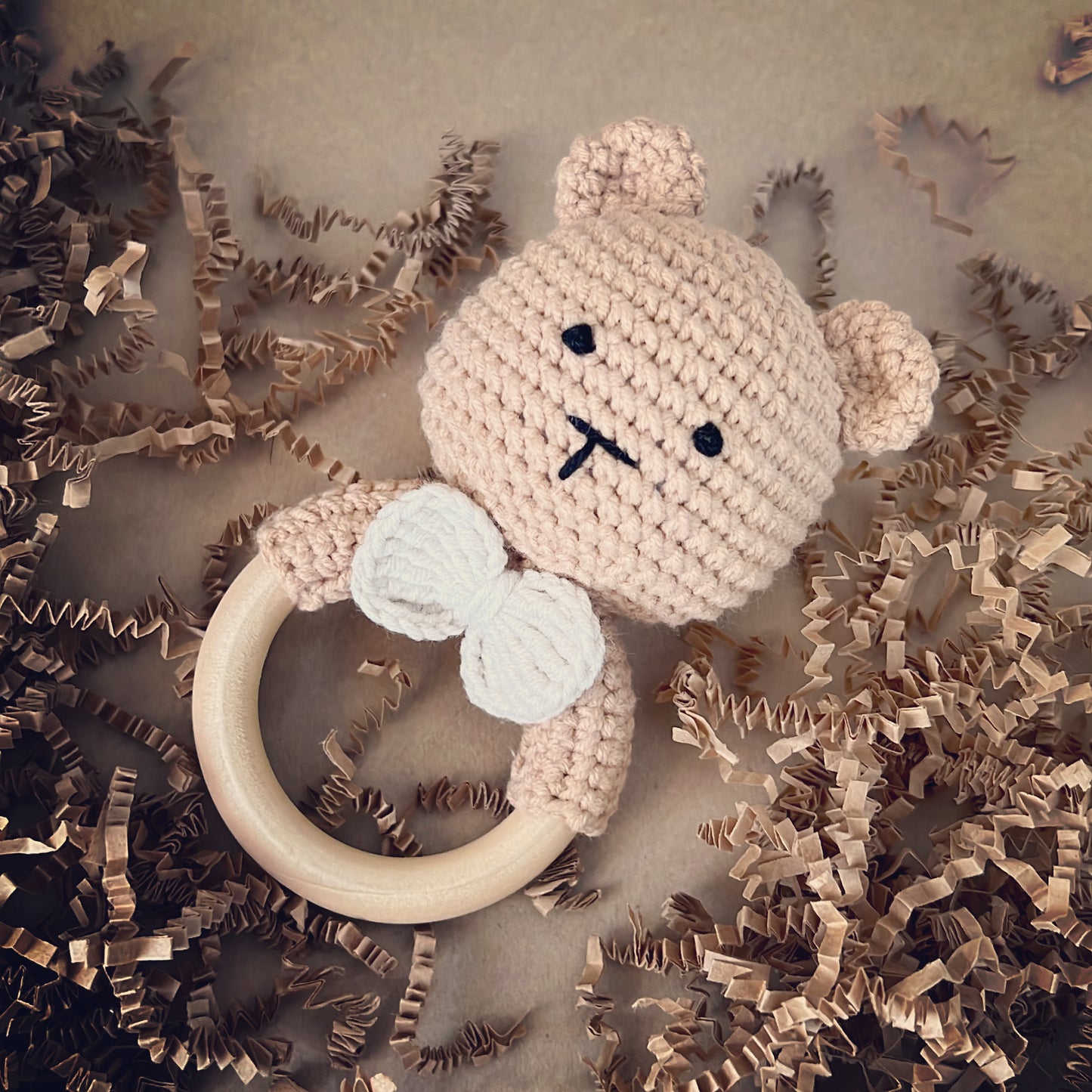 Handmade Organic Cotton Crochet Baby Rattle with Beechwood Ring