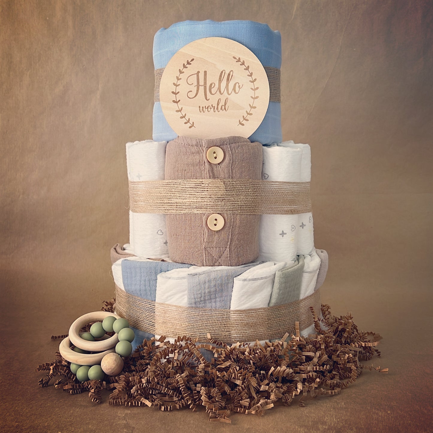 Taupe and Blue Baby Diaper Cake Bundle