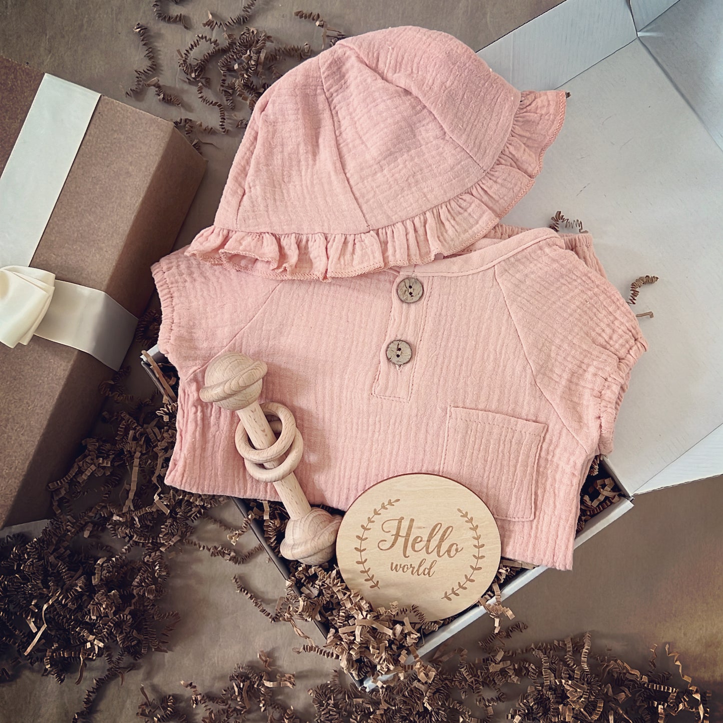 Neutral Colours Summer Baby Girl Romper and Hat Baby Shower Gift Box