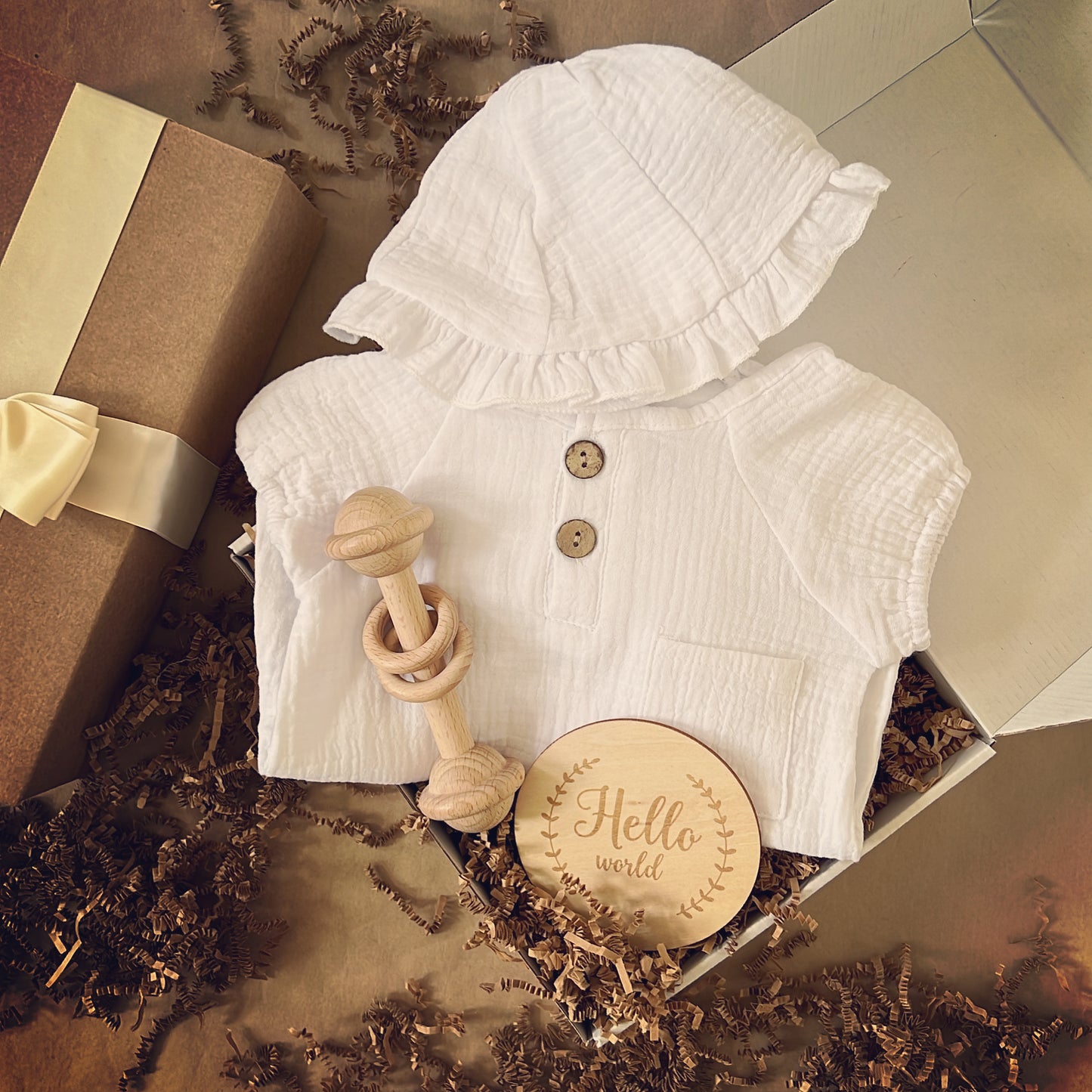 Neutral Colours Summer Baby Girl Romper and Hat Baby Shower Gift Box