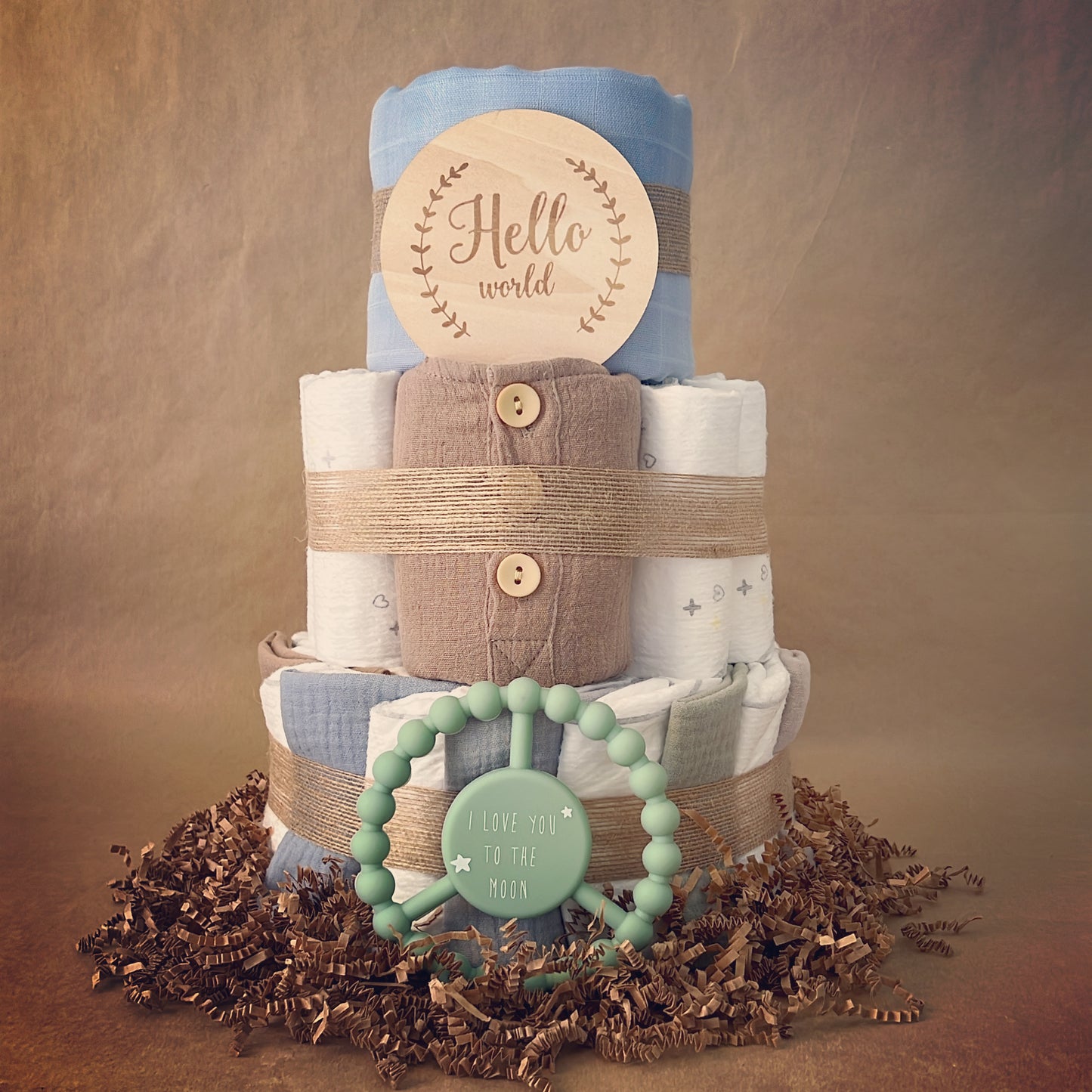 Taupe and Blue Baby Diaper Cake Bundle