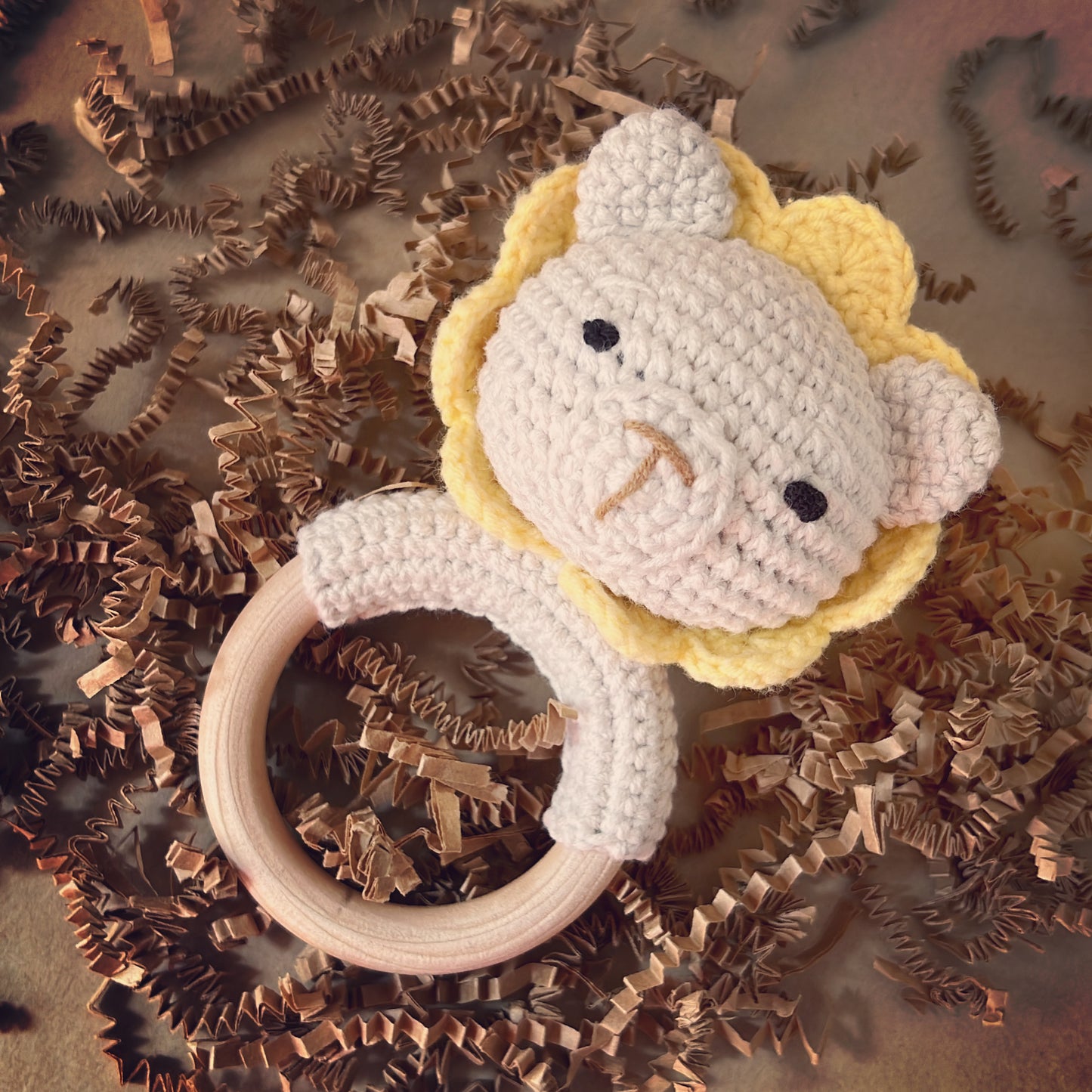 Handmade Organic Cotton Crochet Baby Rattle with Beechwood Ring