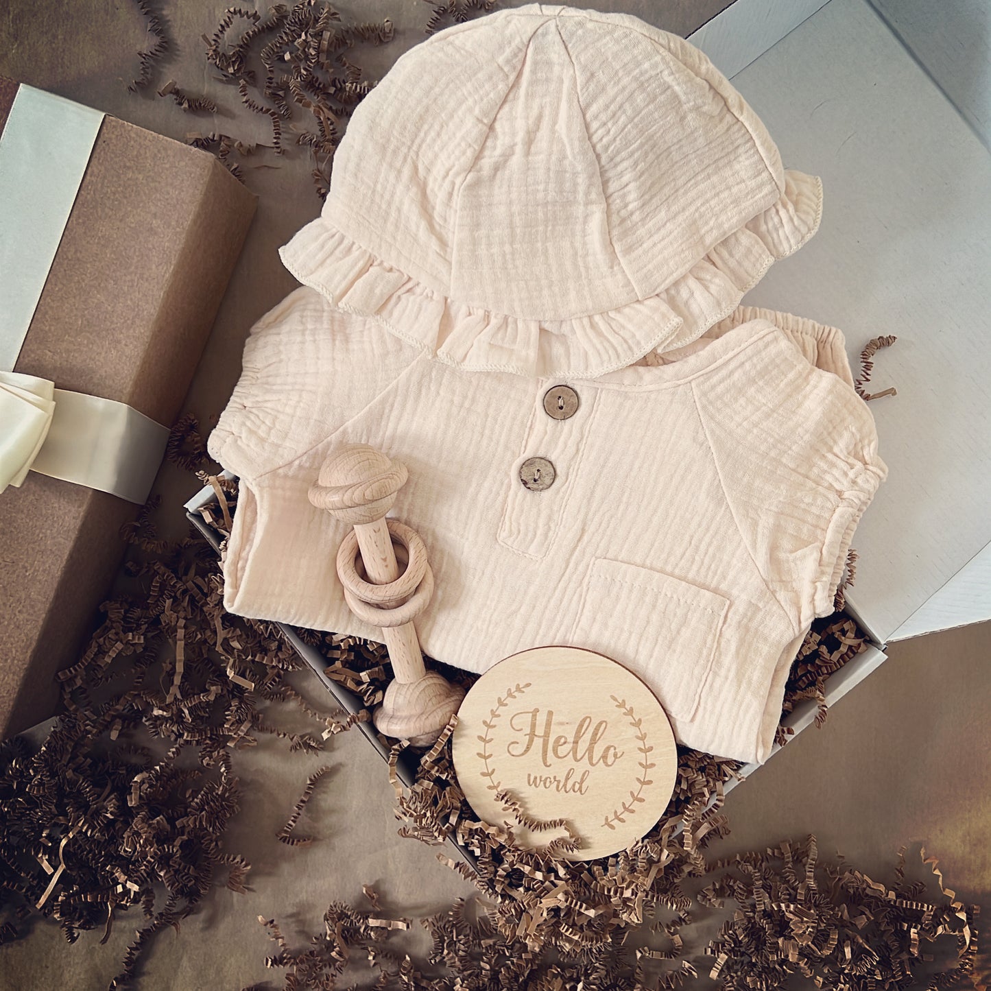 Neutral Colours Summer Baby Girl Romper and Hat Baby Shower Gift Box