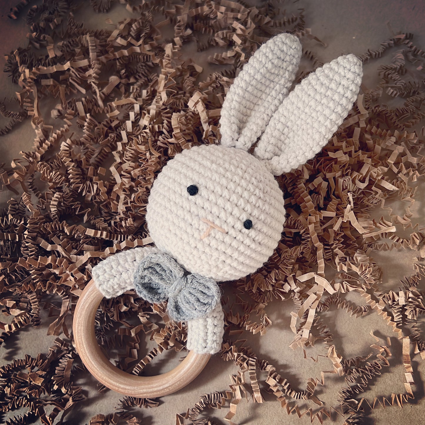 Handmade Organic Cotton Crochet Baby Rattle with Beechwood Ring